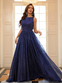 A-line sleeveless scoop prom dress with ruffles and sweep train