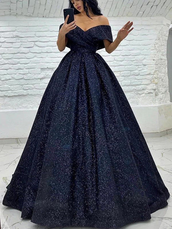 Off-the-shoulder ruched ball gown prom dress with sweep train