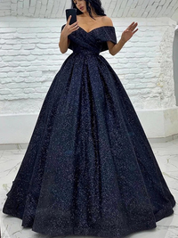 Off-the-shoulder ruched ball gown prom dress with sweep train