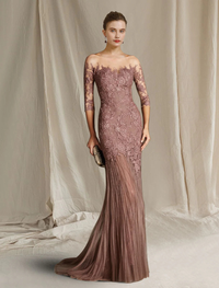 Dusty Rose mermaid lace and tulle mother of the bride dress with scoop neck and half sleeves