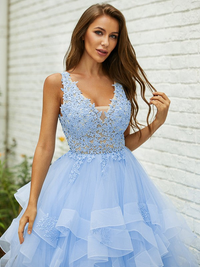 V-neck sleeveless A-line lace and tulle floor-length prom dress