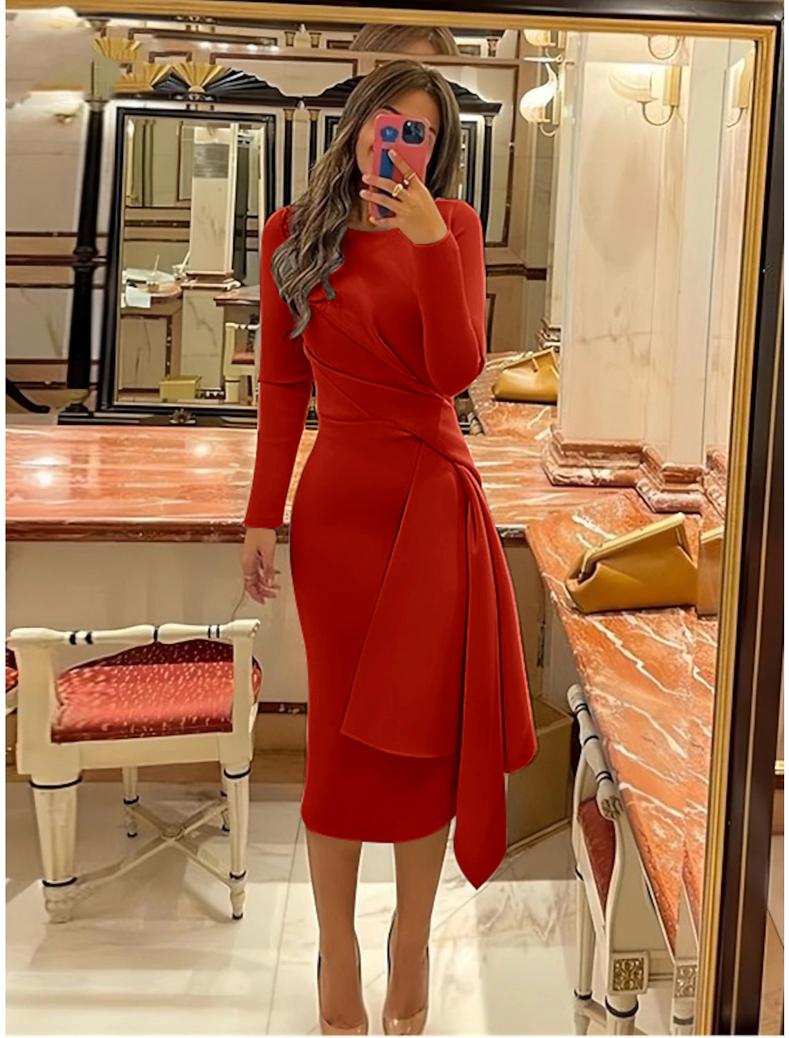 Knee-length sheath cocktail dress with long sleeves and jewel neckline