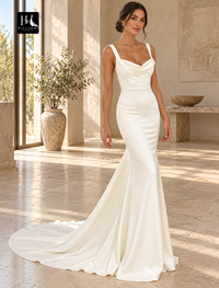 Sheath Spaghetti Strap Beaded Satin Wedding Dress with Court Train