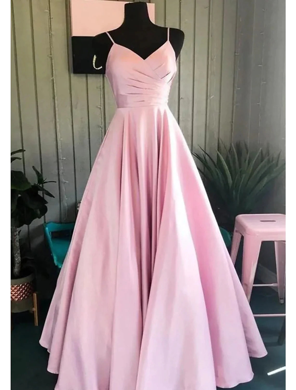 Candy Pink sleeveless V-neck A-line stretch satin floor-length prom dress