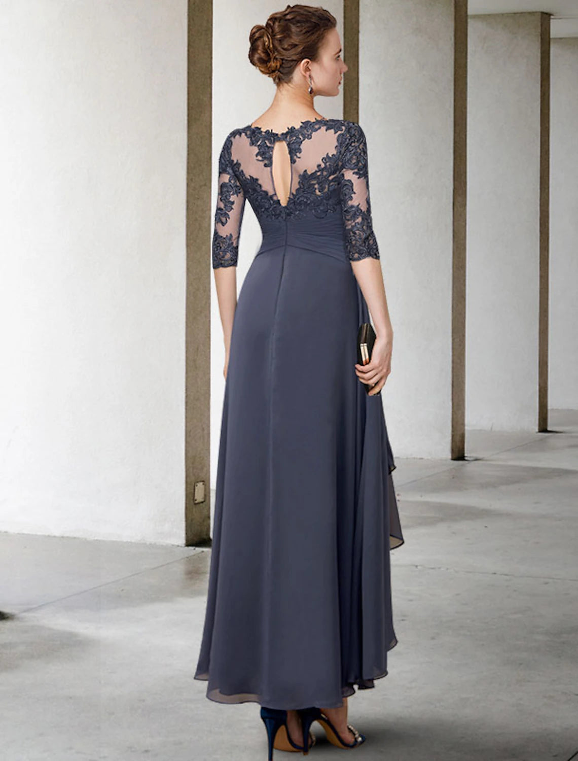 Asymmetrical high-low tea-length chiffon and lace mother of the bride dress with half sleeves