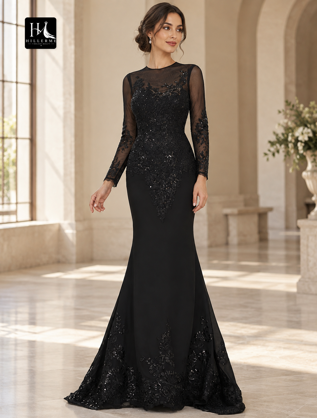 Jewel Neck Long Sleeve Floor-Length Evening Gown with Lace Appliques