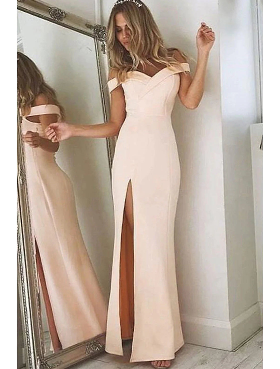 Off-the-shoulder sleeveless mermaid floor-length prom dress with slit in Pearl Pink