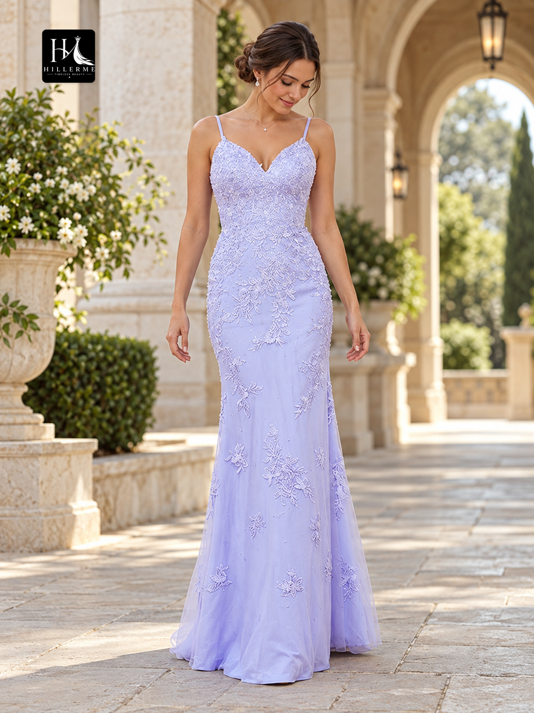 Sheath/Column Tulle Applique V-Neck Sleeveless Floor-Length Prom Dress