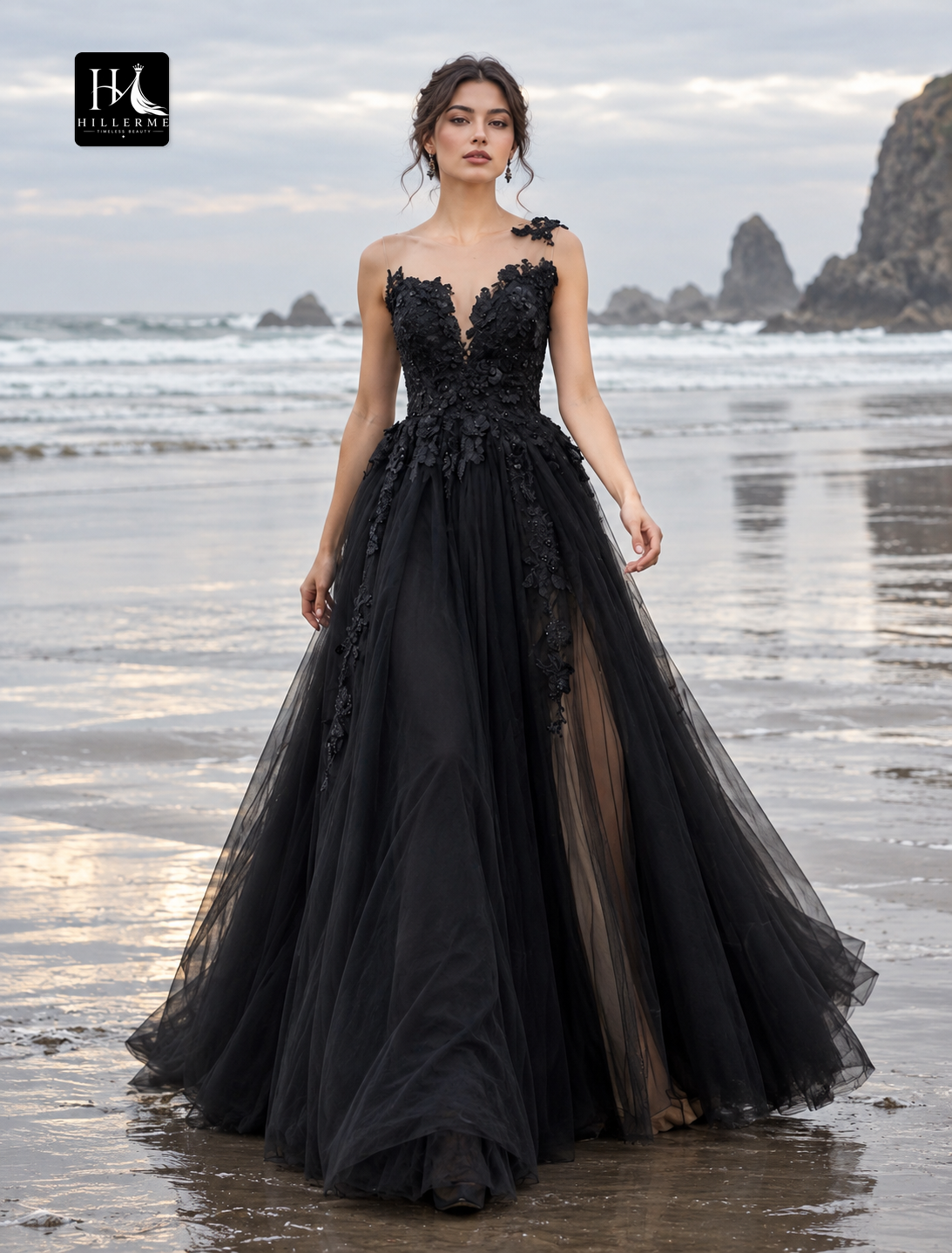 Beach Boho Black A-Line V-Neck Sleeveless Wedding Dress with Lace Appliques and Split Front
