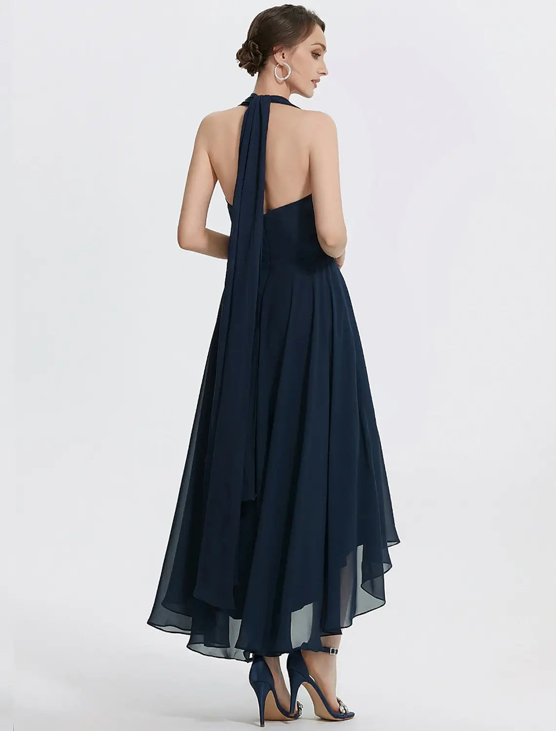 Dark Navy chiffon convertible off-the-shoulder A-line tea-length cocktail dress