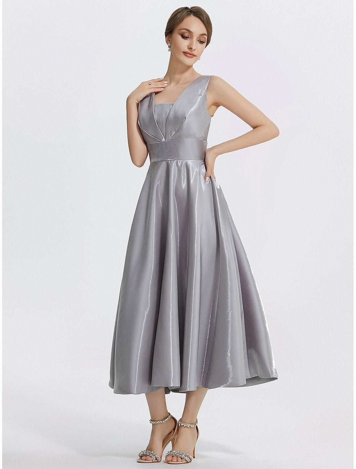 Front view of tea-length A-line satin cocktail dress with V-neck