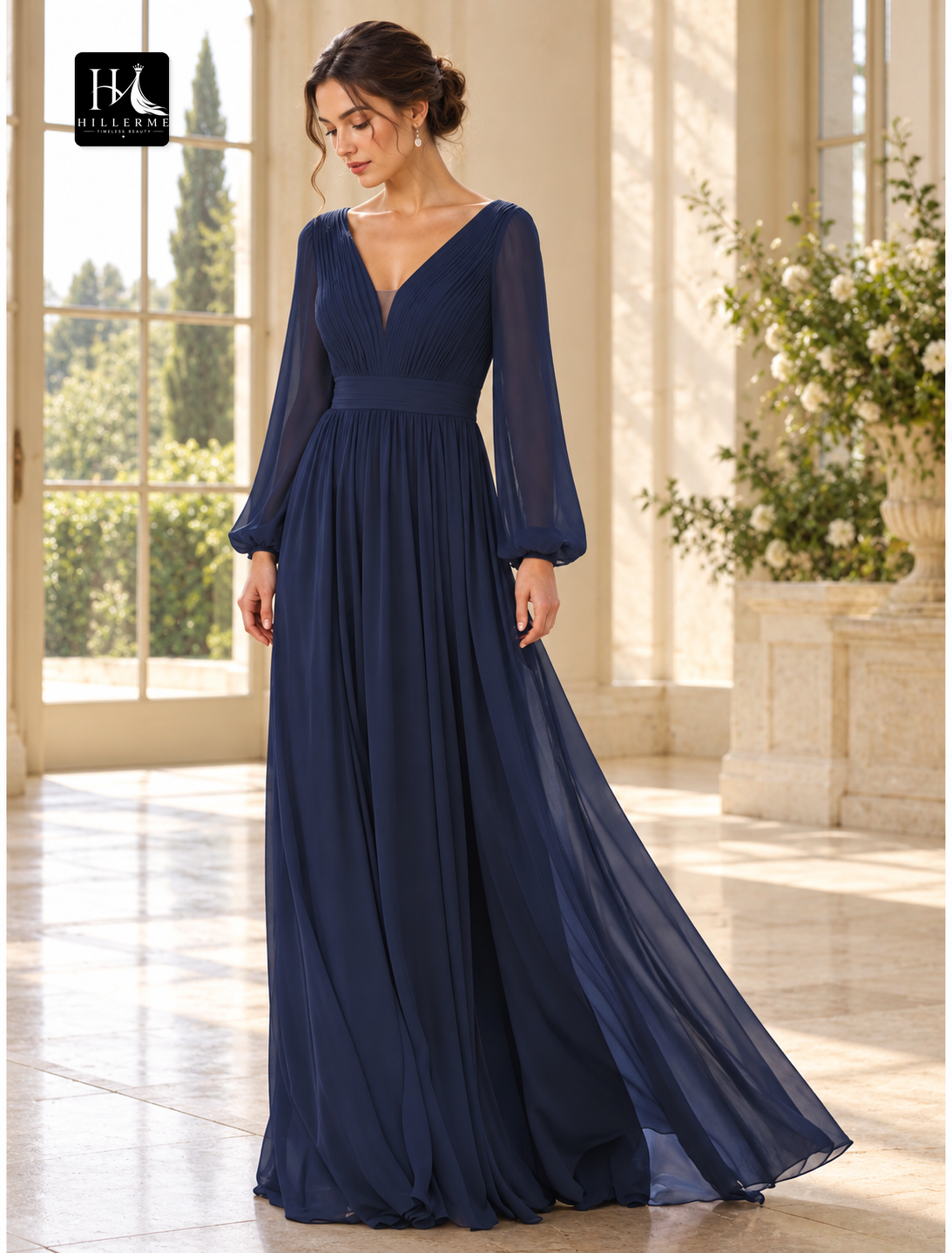 A-Line V-Neck Long Sleeve Chiffon Mother of the Bride Dress with Ruching