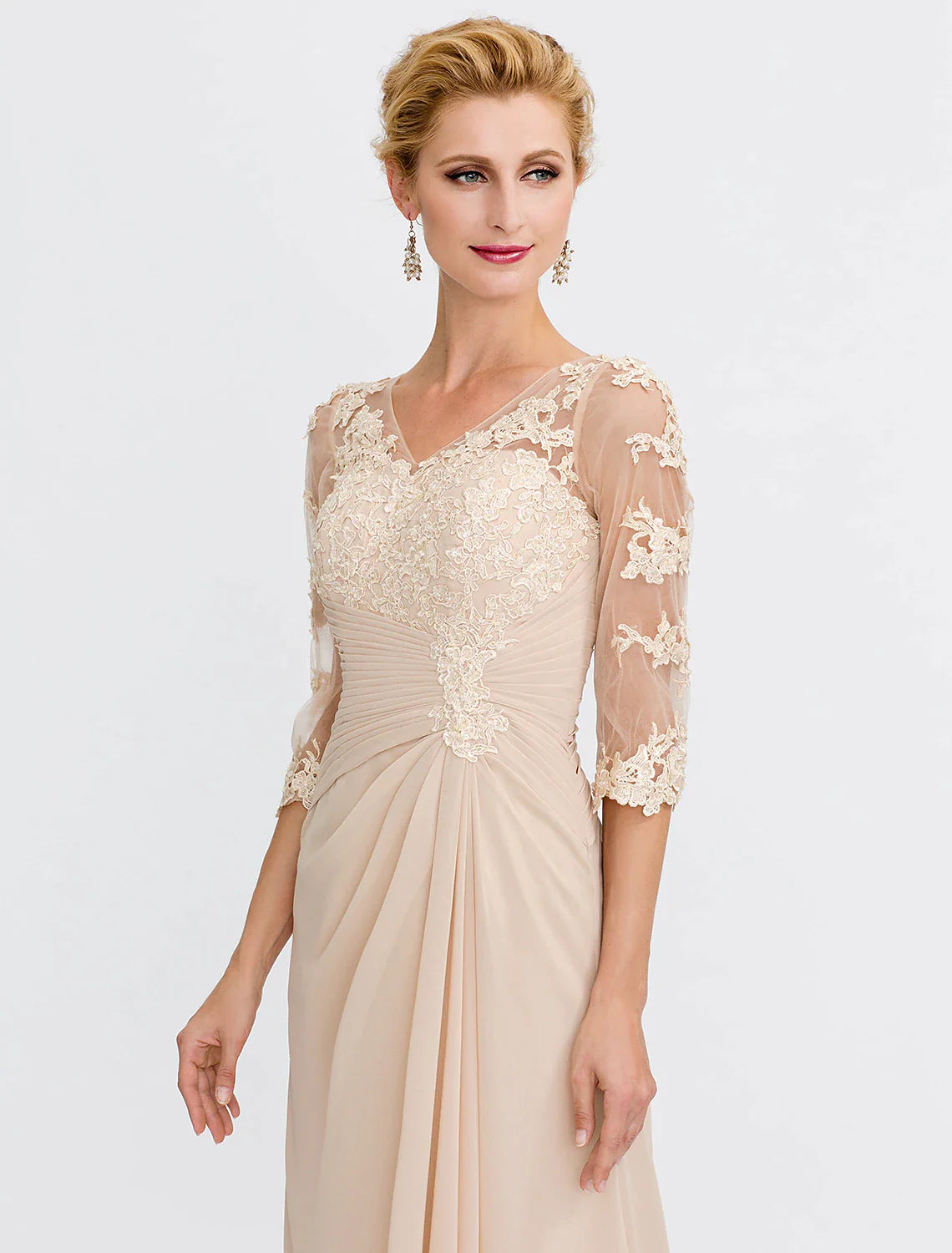 See-through half sleeve with appliques on chiffon mother of the bride dress