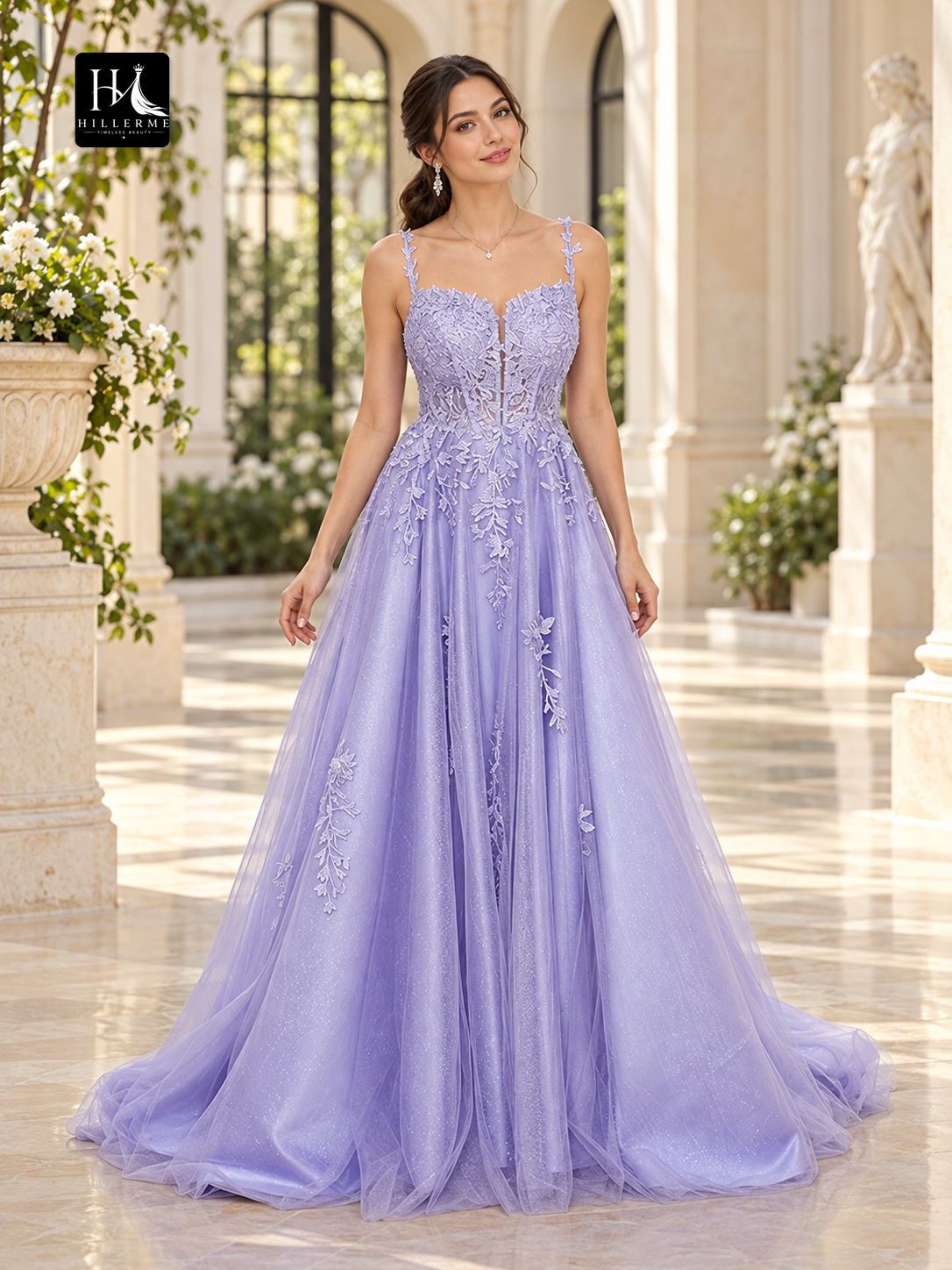 A-Line Tulle Applique Sleeveless Prom Dress with Straps and Court Train