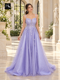 A-Line Tulle Applique Sleeveless Prom Dress with Straps and Court Train