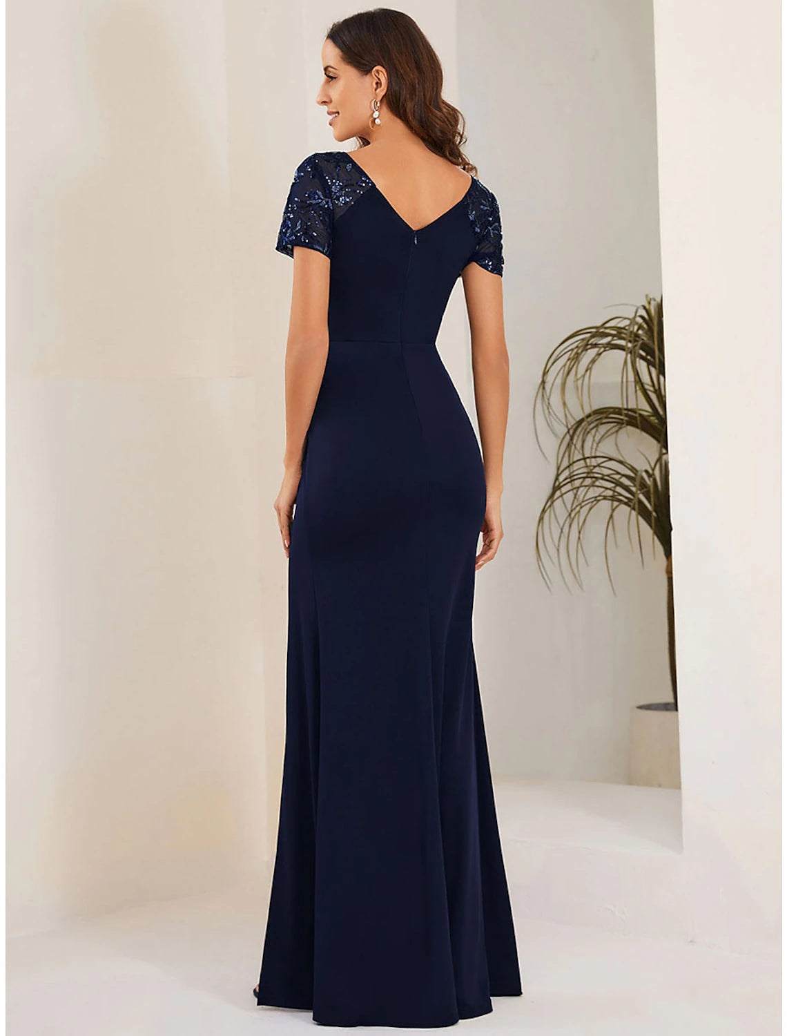 Short sleeve V-neck mermaid formal dress in Dark Navy with crystal slit detail