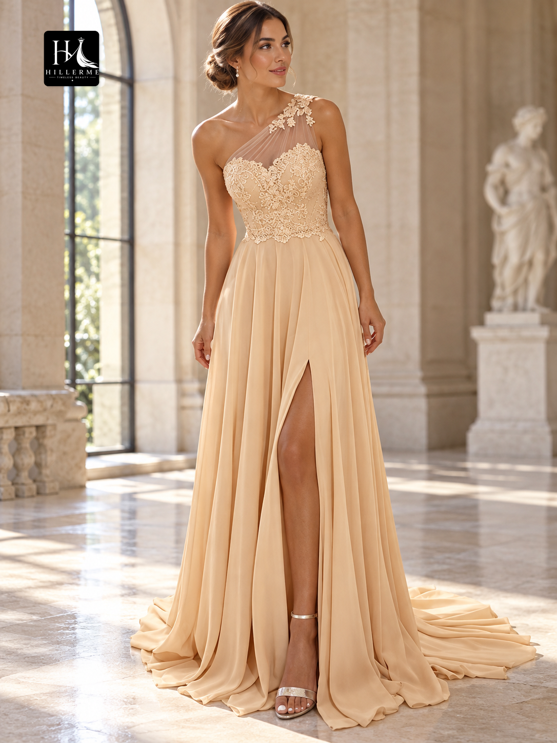A-Line One-Shoulder Sleeveless Lace and Chiffon Prom Dress with Sweep Train