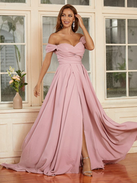 Off-the-shoulder stretch crepe A-line prom dress with ruffles and sweep train