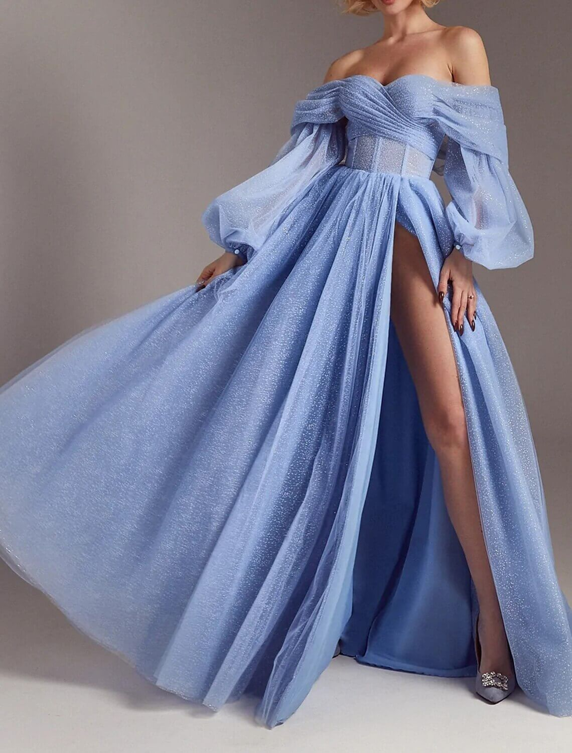 Glitter tulle A-line prom dress with ruched corset bodice and slit