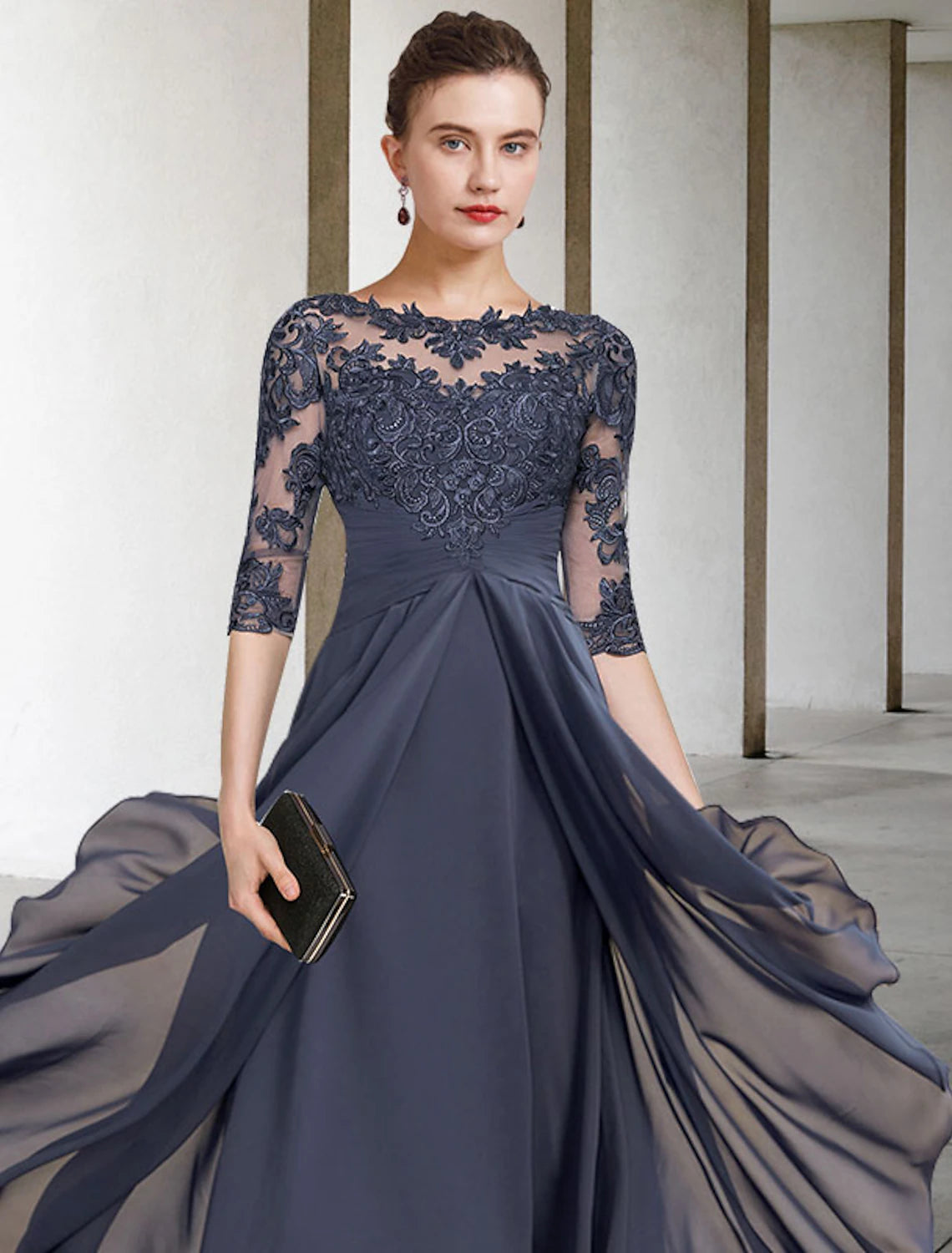 A-line mother of the bride dress with ruched appliques, jewel neckline, and half sleeves in Stormy