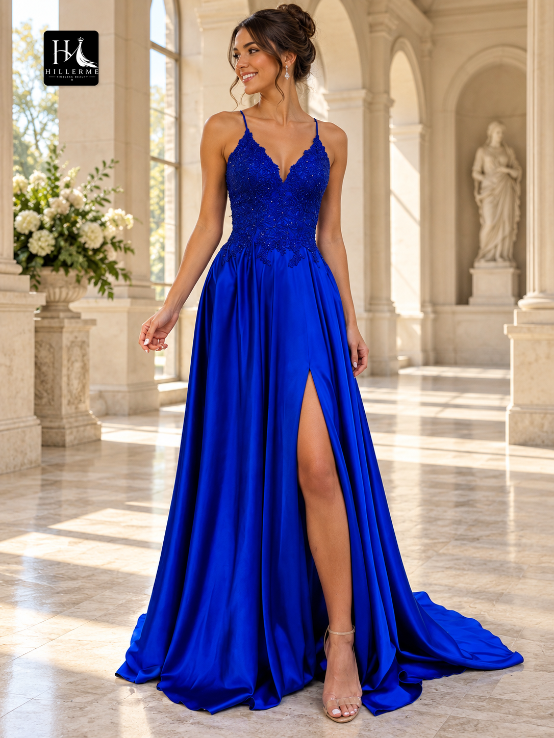 A-Line V-Neck Sleeveless Applique Elastic Woven Satin Prom Dress with Sweep Train