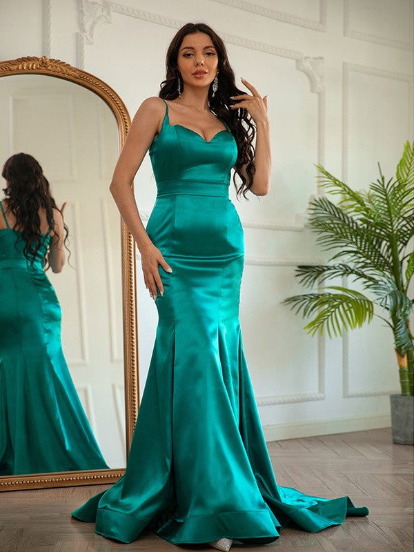 Sleeveless ruched V-neck sheath prom dress in elastic woven satin with sweep train