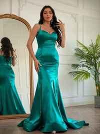 Sleeveless ruched V-neck sheath prom dress in elastic woven satin with sweep train