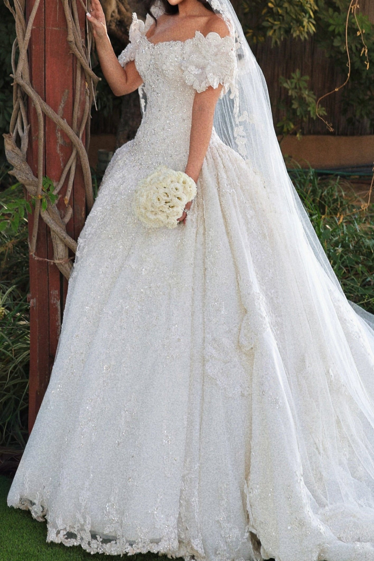 Beaded Lace Ball Gown Wedding Dress with Veil
