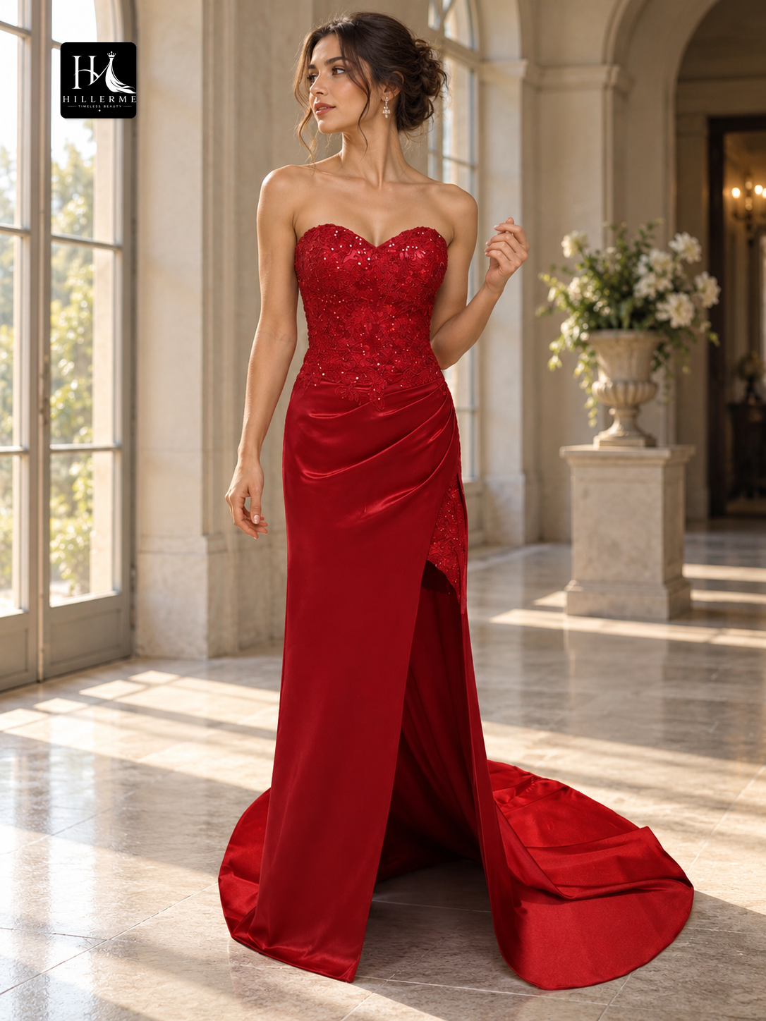 Sweetheart Sleeveless Sequin Elastic Woven Satin Sheath Prom Dress with Court Train