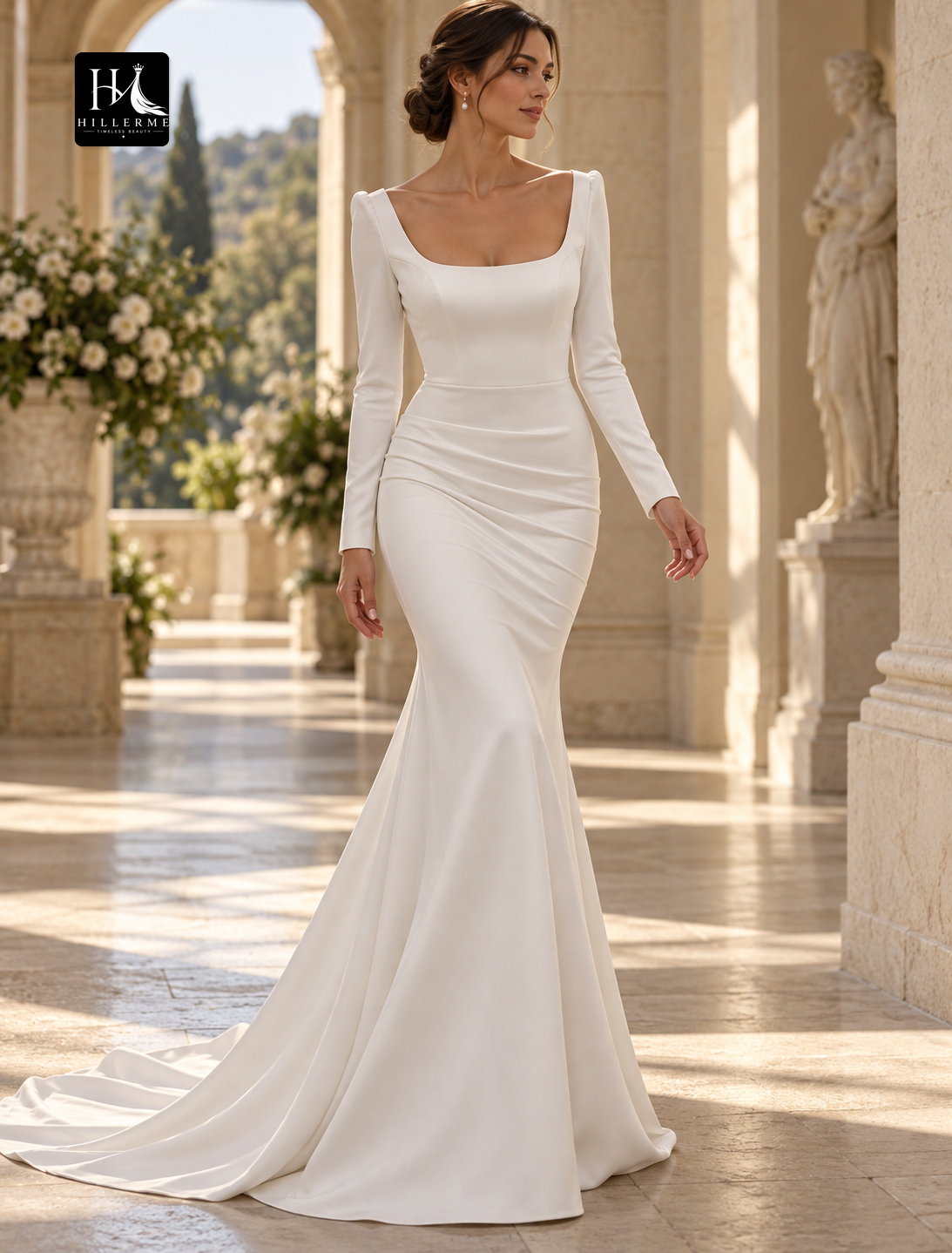 Square Neck Long Sleeve Satin Mermaid Wedding Dress with Open Back and Court Train