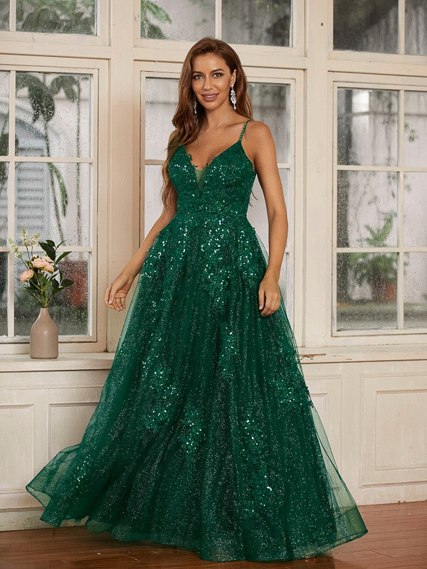 A-line floor-length prom dress featuring lace applique details and V-neck