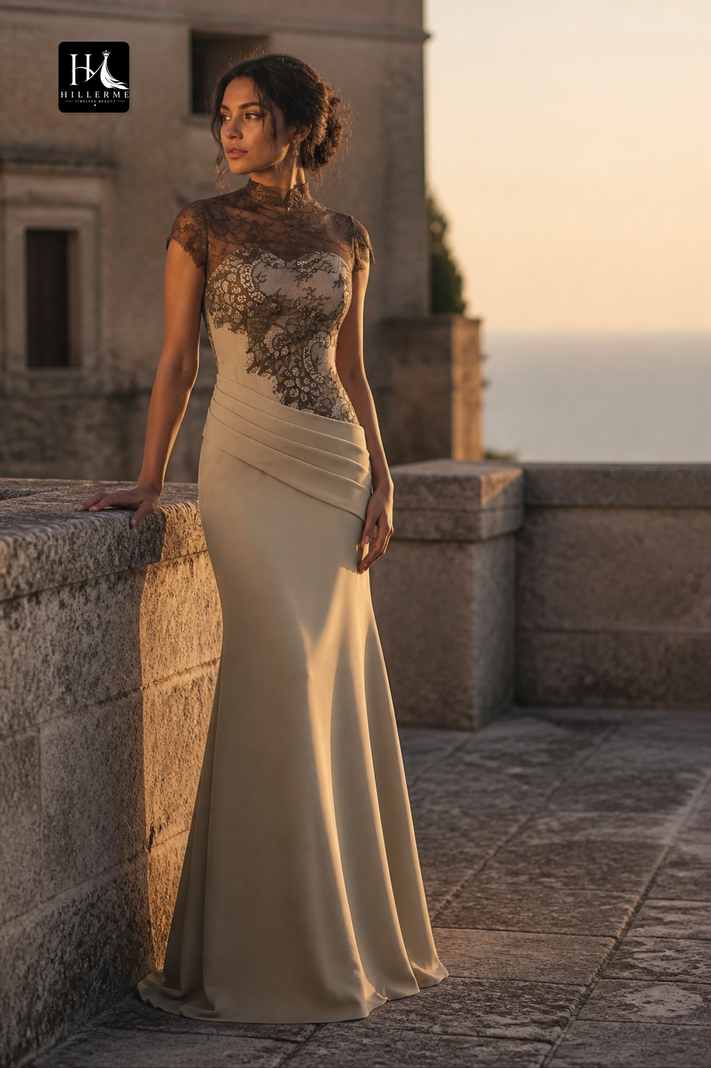 Sheer Lace High-Neck Mermaid Evening Gown with Satin Train
