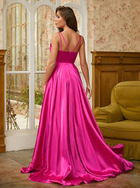 A-line elastic woven satin prom dress featuring ruched V-neckline and sweep train