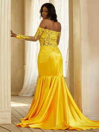 Trumpet/mermaid elastic woven satin dress with off-the-shoulder neckline and long sleeves