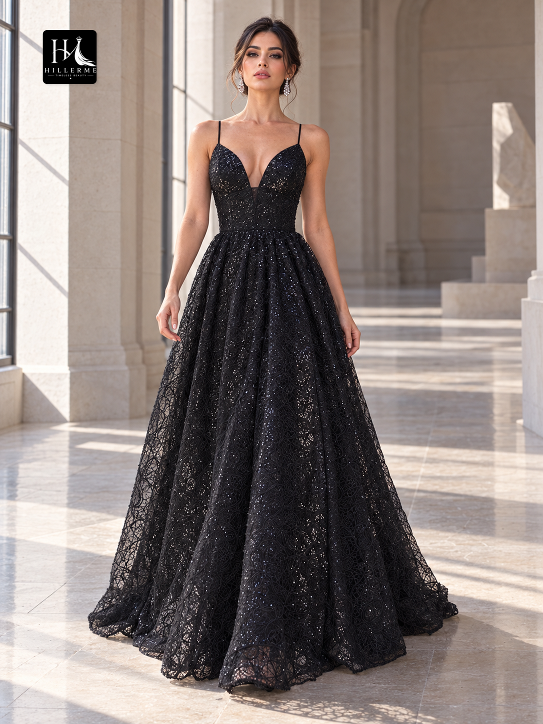 A-Line V-Neck Lace and Sequin Sleeveless Prom Dress with Sweep Train