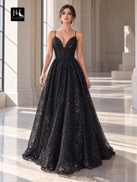 A-Line V-Neck Lace and Sequin Sleeveless Prom Dress with Sweep Train
