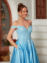 Sleeveless off-the-shoulder satin and lace A-line dress