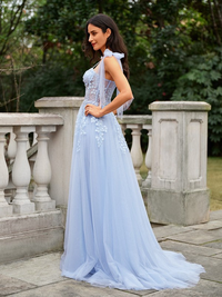 Sleeveless tulle prom dress with straps and brush train
