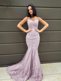 Alternative view of trumpet/mermaid sleeveless V-neck applique tulle prom dress with sweep train
