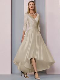 Detailed view of the pleated side drape and satin finish on mother of the bride gown