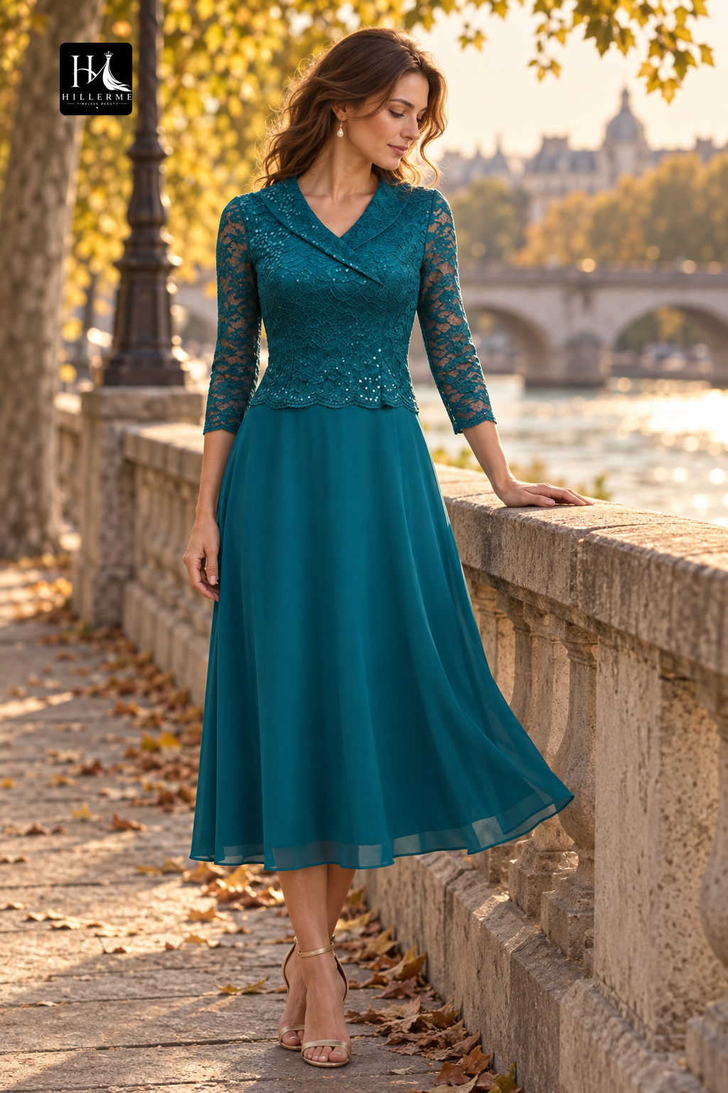 Strapless V-Neck 3/4-Sleeve Beaded Applique Chiffon A-Line Ankle-Length Mother of the Bride Dress
