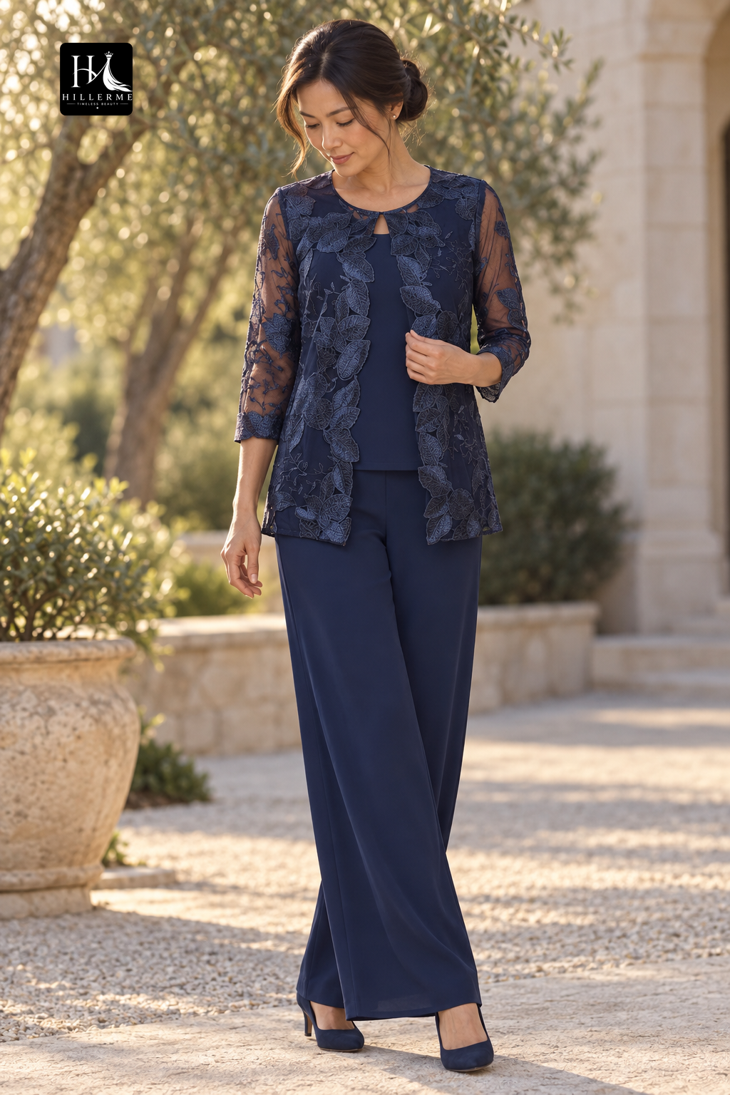 Floor-Length Chiffon Mother of the Bride Jumpsuit with Applique Coat and Scoop Neckline