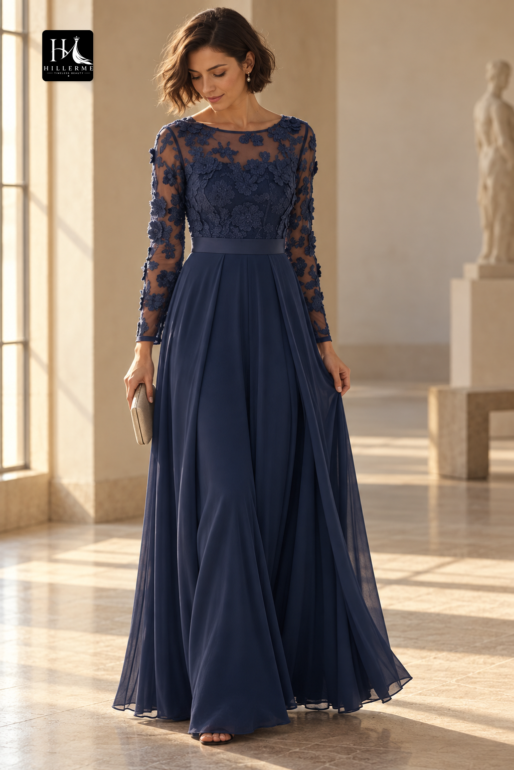 Scoop-Neck Long-Sleeve Appliqué Chiffon Pleated Floor-Length A-Line Mother of the Bride Jumpsuit