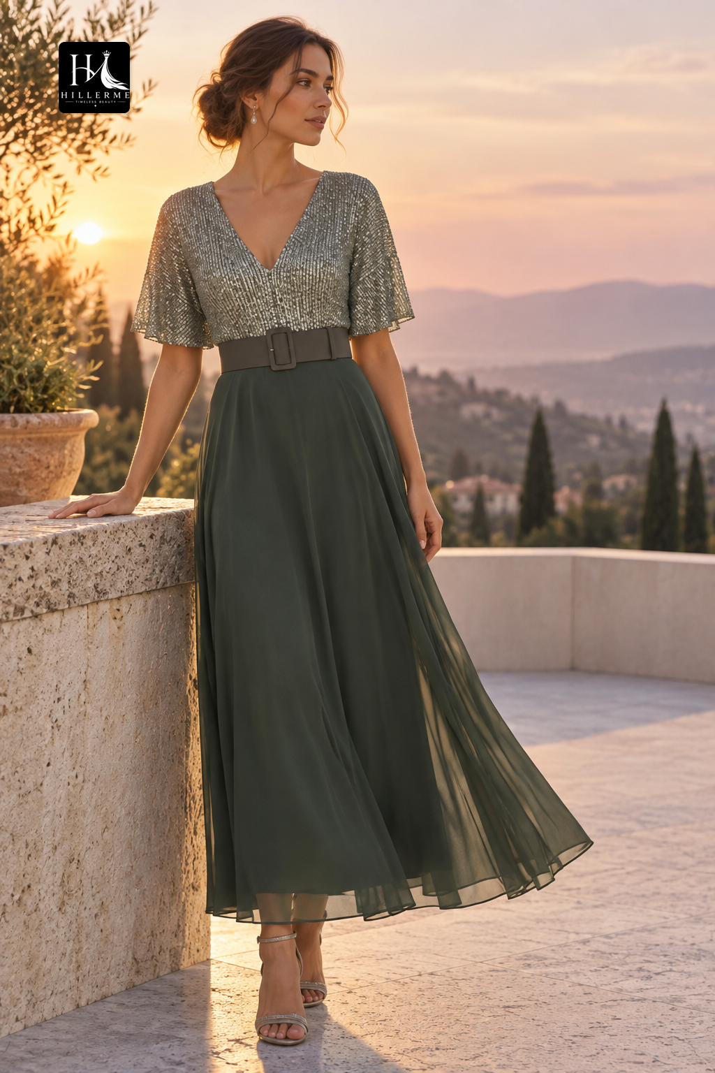 Strapless V-Neck Sequined Chiffon A-Line Mother of the Bride Dress with Pleated Ruching