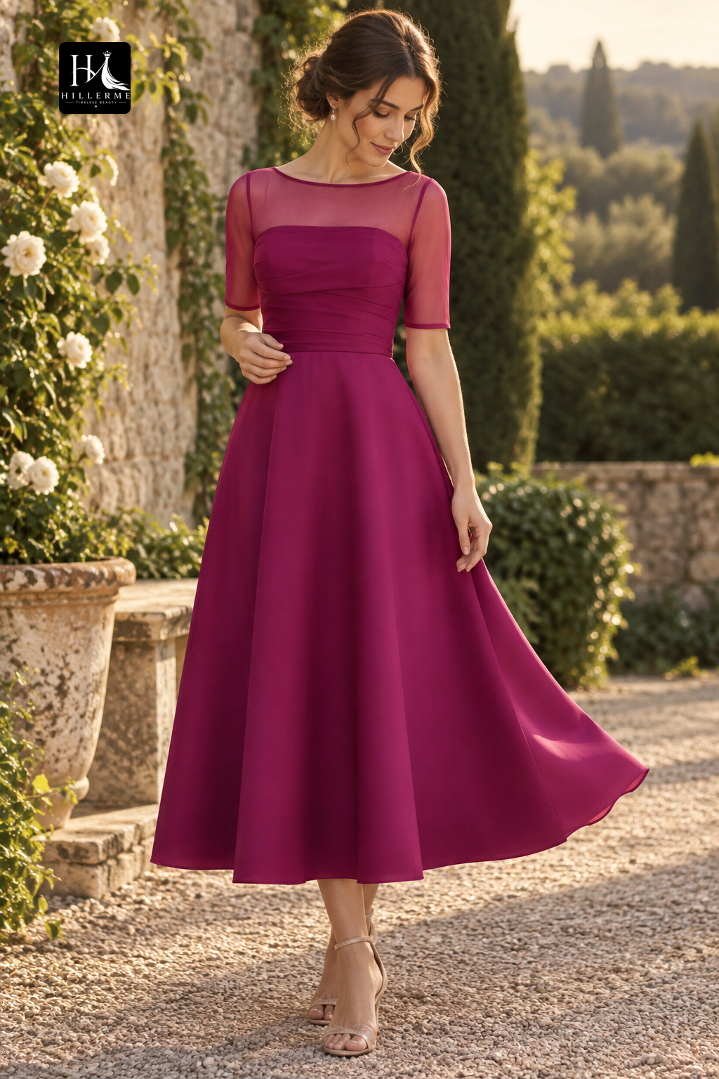 Strapless Scoop-Neck Satin and Chiffon A-Line Mother of the Bride Dress with Ruched Pleating and Ankle-Length Hem