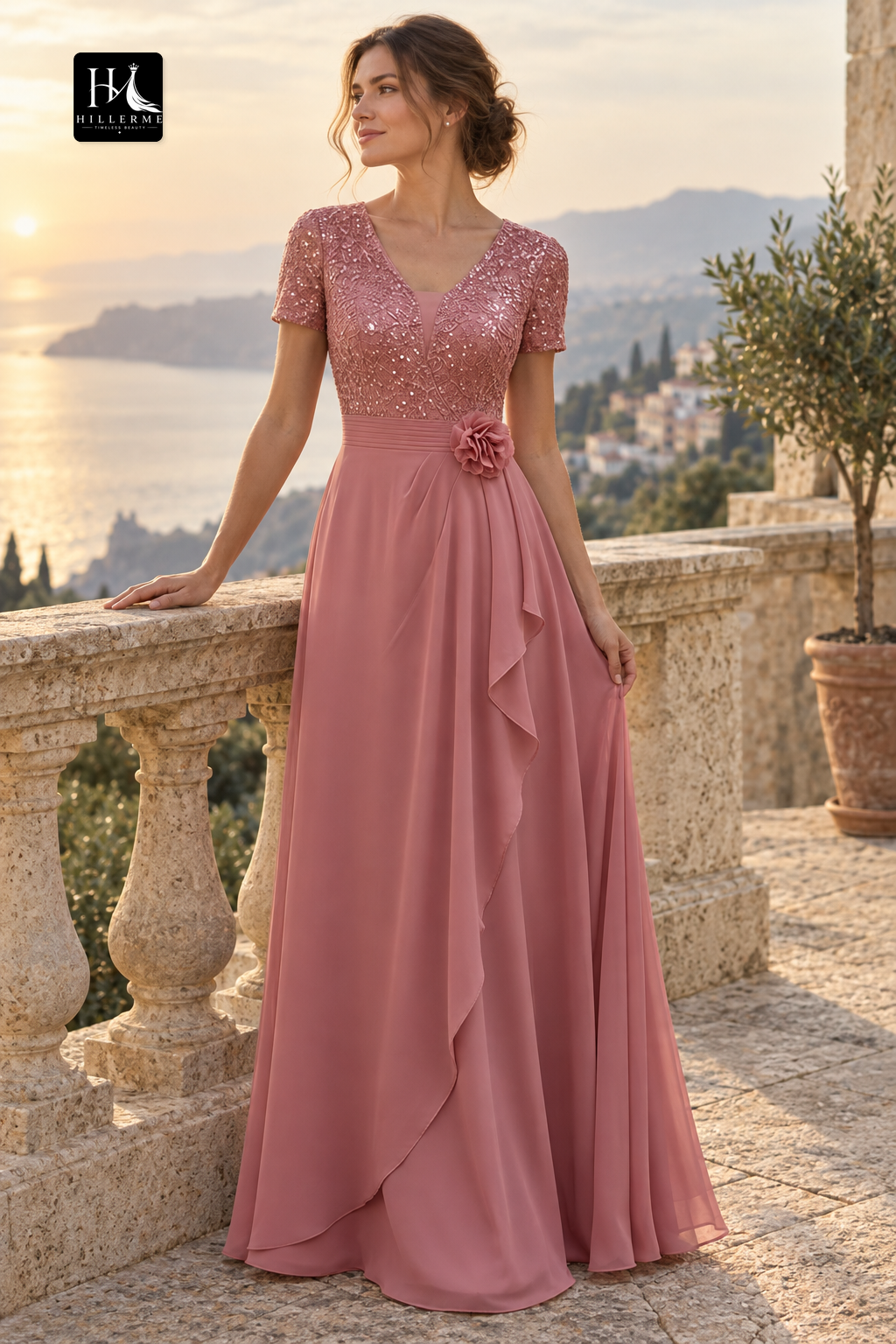 V-Neck Short Sleeve Sequined Appliqué Chiffon Pleated A-Line Mother of the Bride Dress