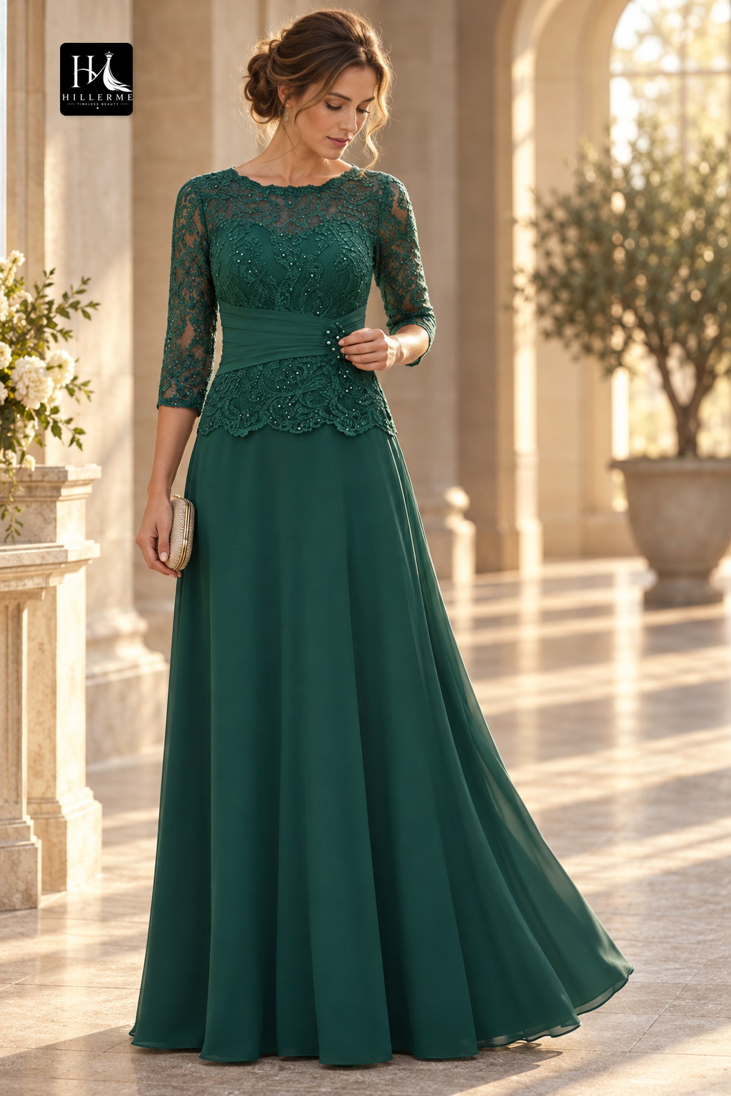 Scoop-Neck 3/4-Sleeve Beaded Appliqué Chiffon A-Line Mother of the Bride Dress