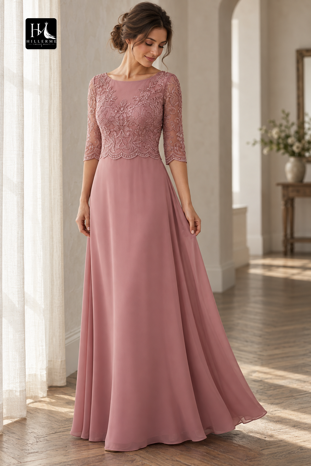 Strapless Scoop-Neck Chiffon Mother of the Bride Dress with Lace Appliqués and Pleated A-Line Silhouette