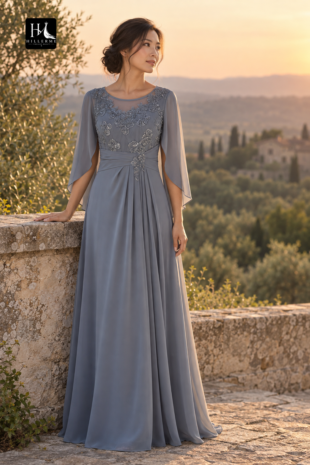 Strapless Scoop-Neck Sequined Applique Chiffon A-Line Mother of the Bride Dress with Cape Sleeves