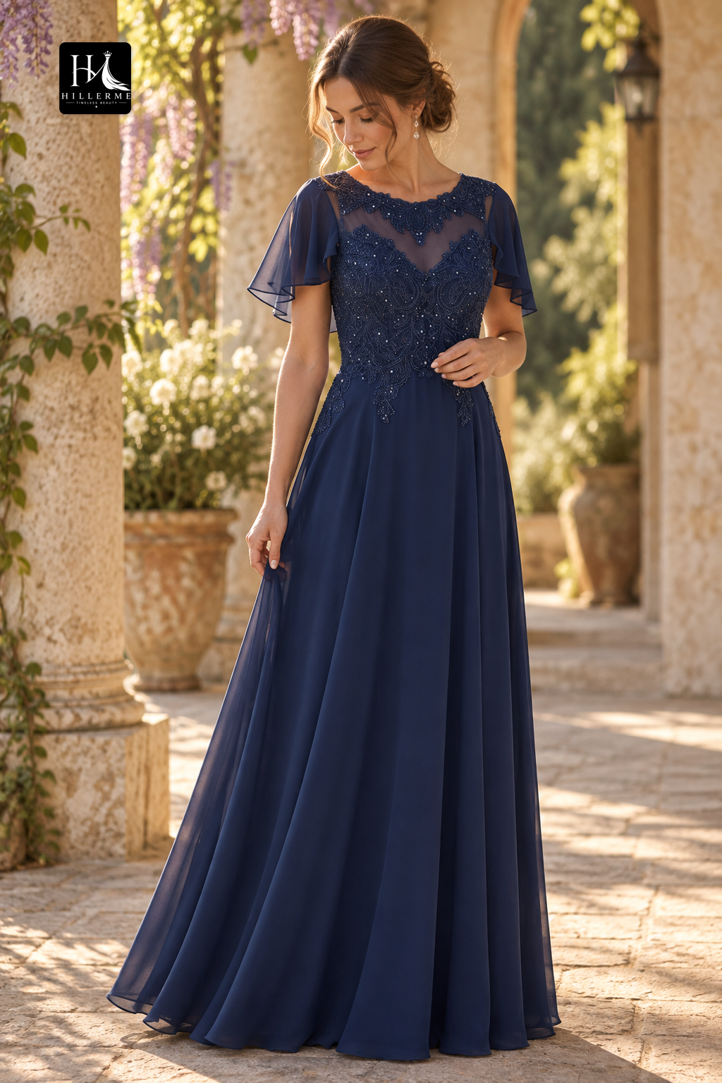 Scoop-Neck Cap-Sleeve Beaded Appliqué Chiffon Pleated A-Line Mother of the Bride Dress